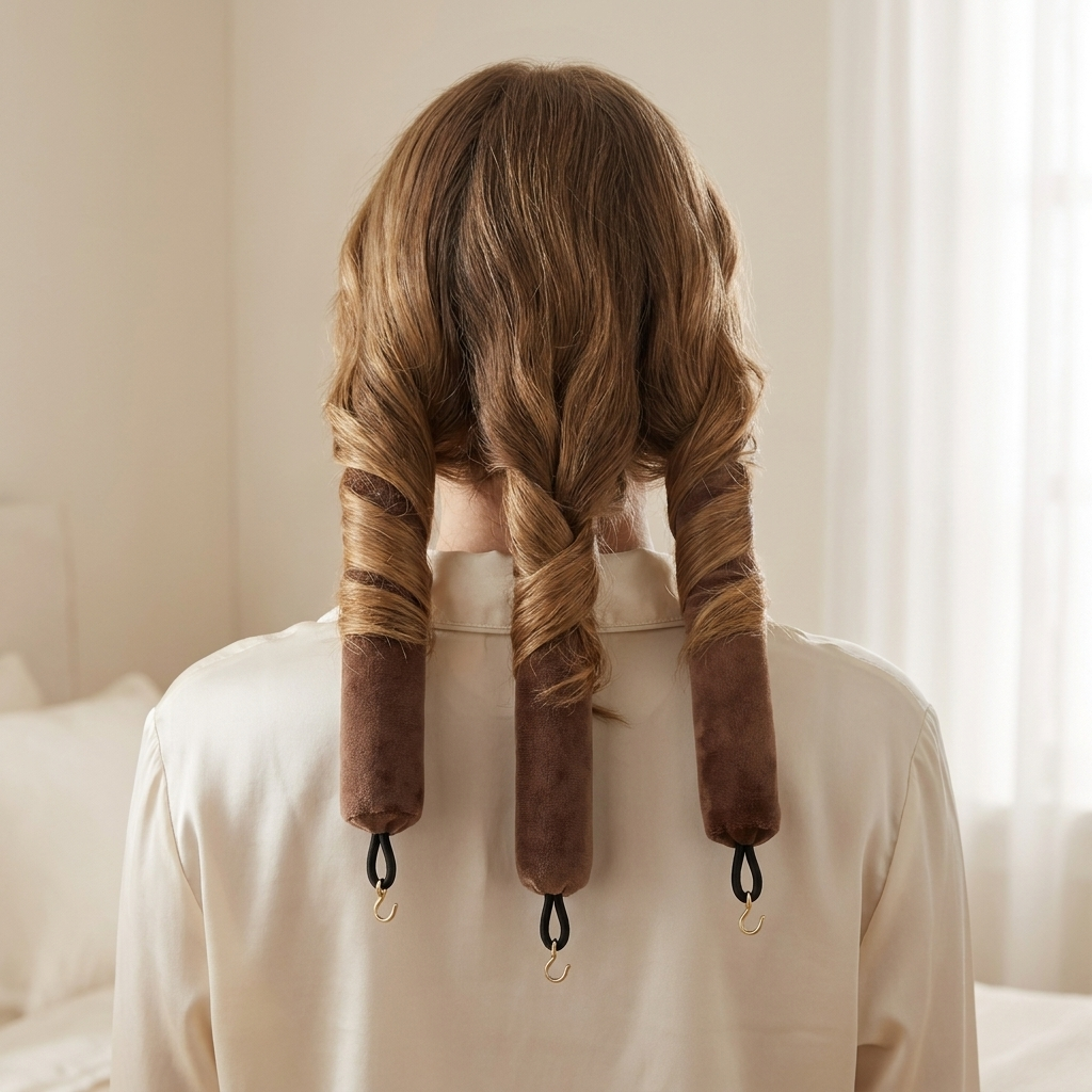 Back of head with three Silke velvet rods placed in hair sections